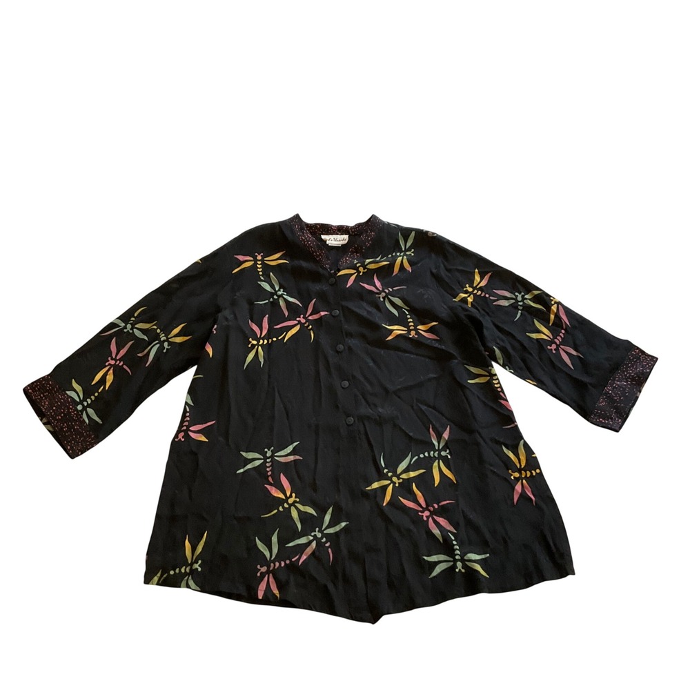 Red's Threads Button Up Blouse Womens XL Black Dragonfly Jacquard Rayon